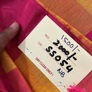 Yellow And Pink Checked Silk Saree