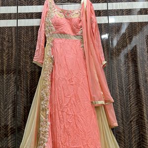 Peach Gown With Dupatta And Pant M-XL