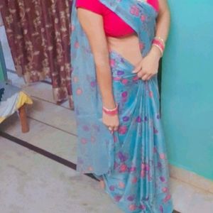 Blue Flower Print Saree