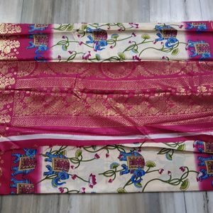 Cream With Pink Border Dola Foil Saree