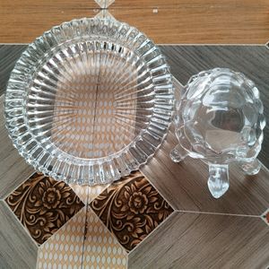 Glass Crystal Turtle Tortoise with Plate