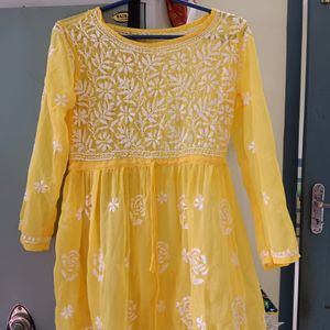 Yellow Chikkankari Short Kurta