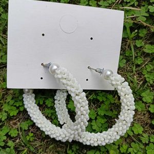 White Fancy Bead Hoop Earrings - Light Weigh