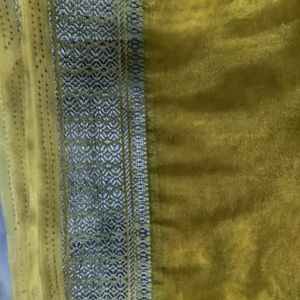 Yellow  Crape Silk Sari With blouse Pie