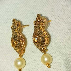 Golden  Stone Earing Wearing With Saree