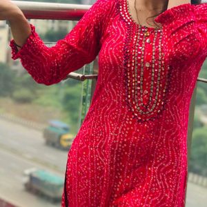 Pink Bandhani Mirror Work Kurti