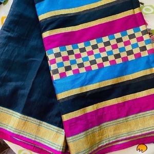 Blue Work Blouse And Black Saree