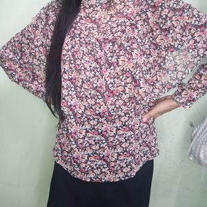 Red Floral Print Front Gathered Shirt