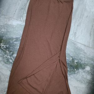 Brown Ribbed Slit Skirt With Shirt