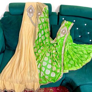 Parrot Green Pleated Saree With Blouse