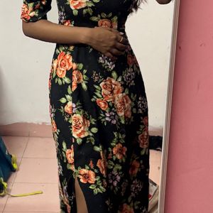 Black Floral Midi Dress Aesthetic New