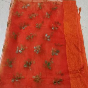 Orange, Designer, Tissue Dupatta