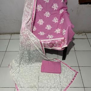 Pink Dress Material Handwork, Embroidery Dupatta