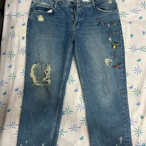 Zara Ripped Denim Jeans With Embroidery