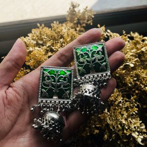 Oxidised Green Jhumkas