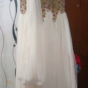 White Party Wear Gown With Dupatta And Pajami