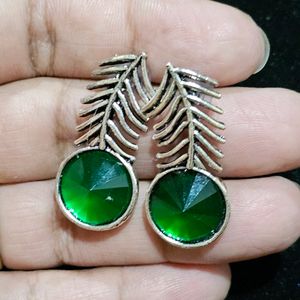 Silver Look alike Earrings With Green Stone