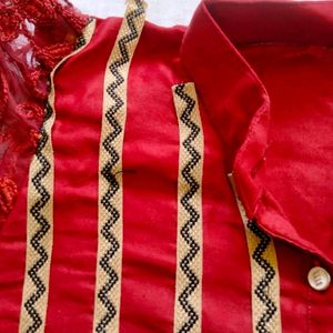 Maroon Net Balloon Sleeve Kurta