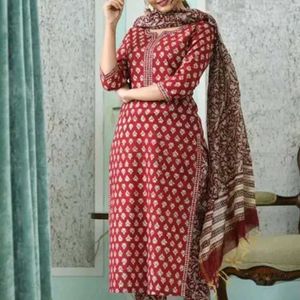 Women Block Printed kurta And Pant Dupatta sets