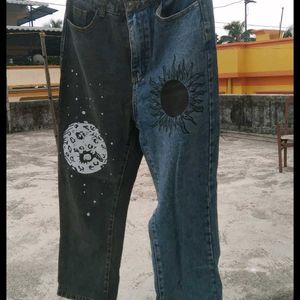 URBANIC Y2K Patchwork Sun Moon Print Jeans