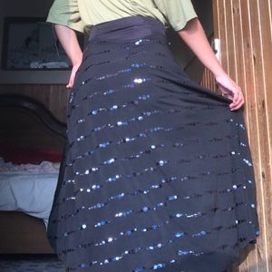 High Waist Long Black Skirt With Blue Sequence