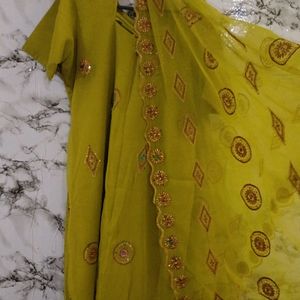 Green Salwar Dupatta Suit with Golden Embroidery