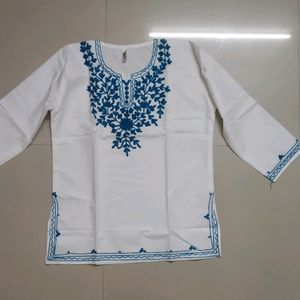 White And Blue Embroidered Short Kurti