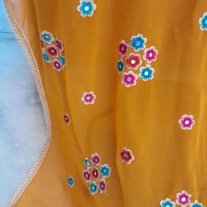 Flower Embroidered Orange Saree