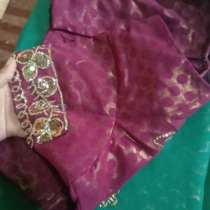 Green Lengha Type Saree With Purple Embroidery