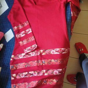 Maroon Red Short Kurti With Floral Print Strips