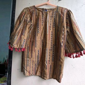 Woven Pattern Top with Flared Sleeves