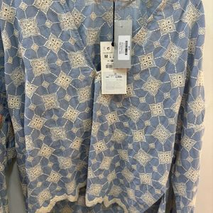 Zara Blue And White Embroidered Top Size :M