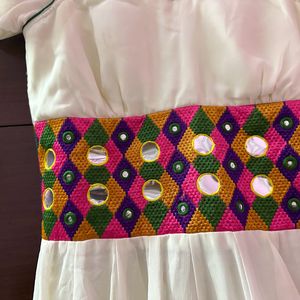 White Gher Dress Kurti With Colourful Border And Dori