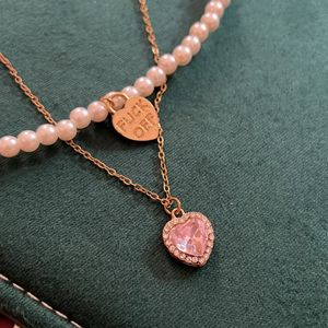 Korean Style Layered Necklace W Pink Stone + Ring