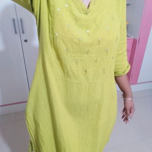 Lime Green Kurti With Mirror Works