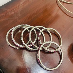 Pink Silver Kada Bangles Set