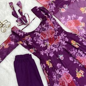 Purple Printed Anarkali Suit Set