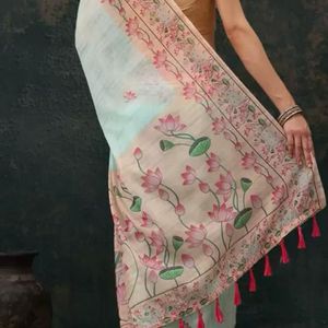 teal and pink, cotton blend, chanderi type saree