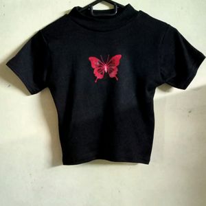 Black Crop Top With Butterfly Print