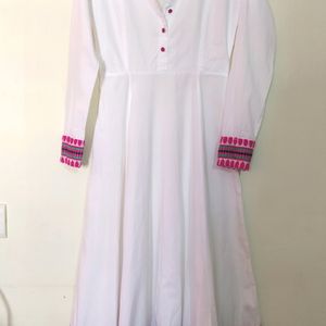 White Anarkali Kurta With Pink Border