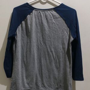 Grey Melange Solid Round Neck Raglan Sleeves Baseball Tshirt