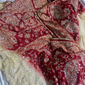 Beautiful Red And White Heavy Work Wedding Saree