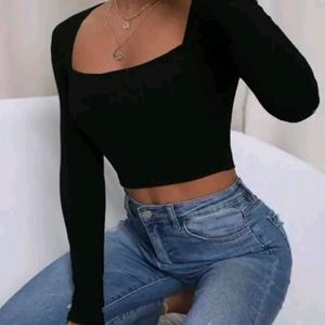 Women's Black Sqare Crop Top Full Sleeves