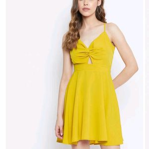 Today's Offer ₹150 Berrylush Women Solid Yellow Front Twist Knot Fit & Flare Mini Dress For Women (Mustard Colour)