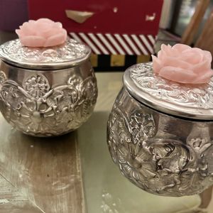 Silver Container With Lid And Pink Roses