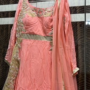 Peach Gown With Dupatta And Pant M-XL