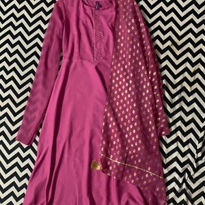 Pink A-line Kurta With Printed Dupatta