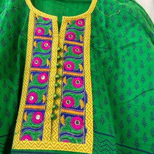 Bottle Green Kurti With Yellow Embroidery