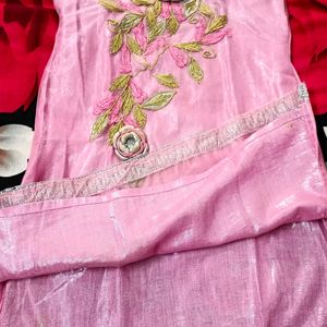 Kurti Pajama Suit Net Floral Embroidery Rose Pink