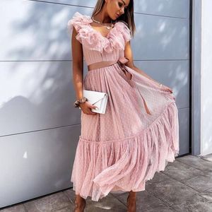 V-Neck Mesh Polka Dot Tulle Backless Pink Ruffle S